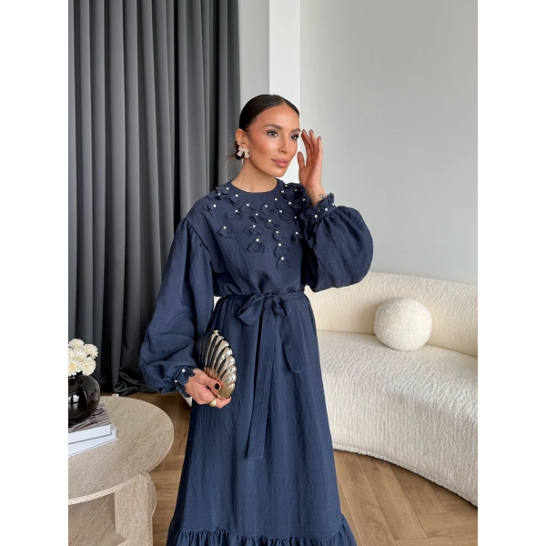 Fuş - Evelia Çiçekli Taşlı Elbise - Lacivert