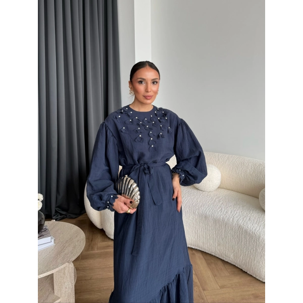 Fuş - Evelia Çiçekli Taşlı Elbise - Lacivert