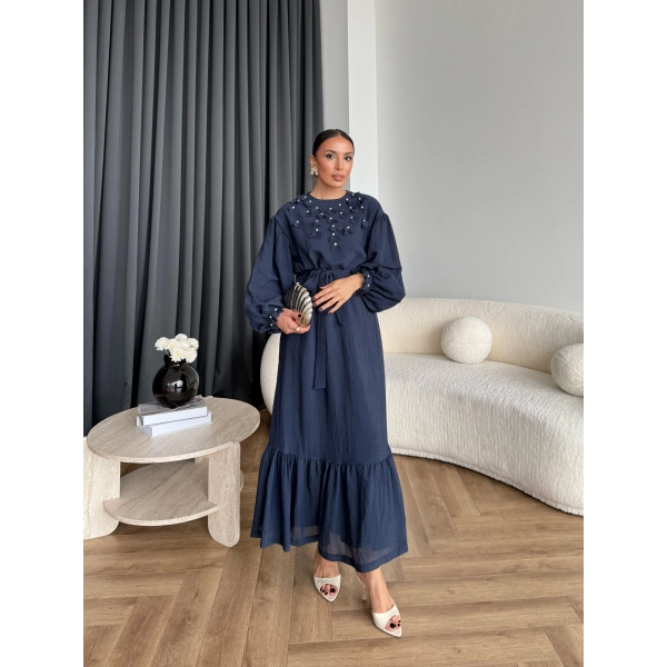 Fuş - Evelia Çiçekli Taşlı Elbise - Lacivert