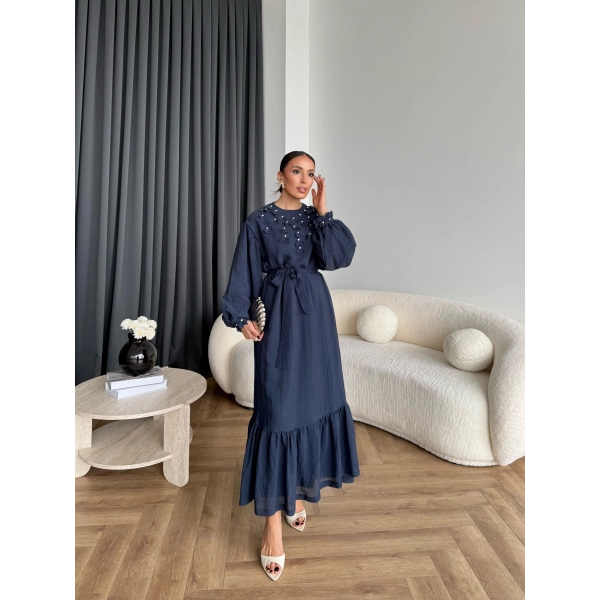 Fuş - Evelia Çiçekli Taşlı Elbise - Lacivert