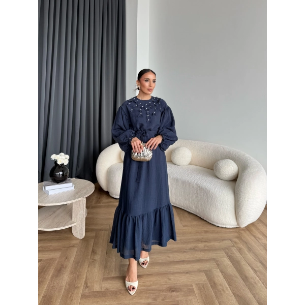 Fuş - Evelia Çiçekli Taşlı Elbise - Lacivert