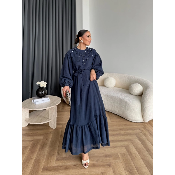 Fuş - Evelia Çiçekli Taşlı Elbise - Lacivert