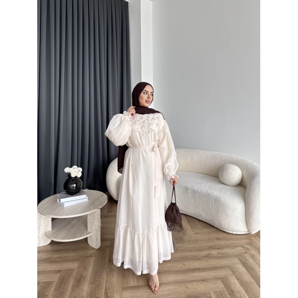 Fuş - Evelia Çiçekli Taşlı Elbise - Bej