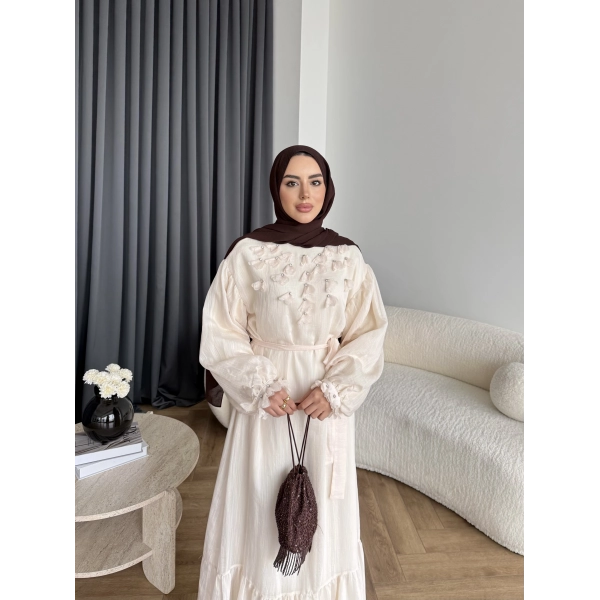 Fuş - Evelia Çiçekli Taşlı Elbise - Bej