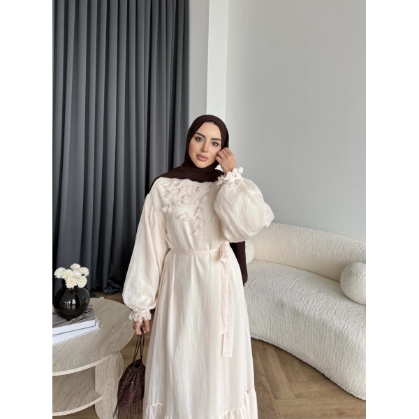 Fuş - Evelia Çiçekli Taşlı Elbise - Bej