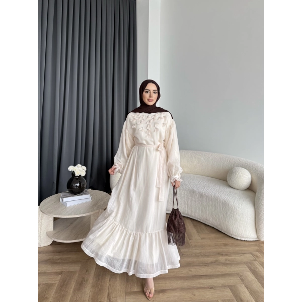 Fuş - Evelia Çiçekli Taşlı Elbise - Bej