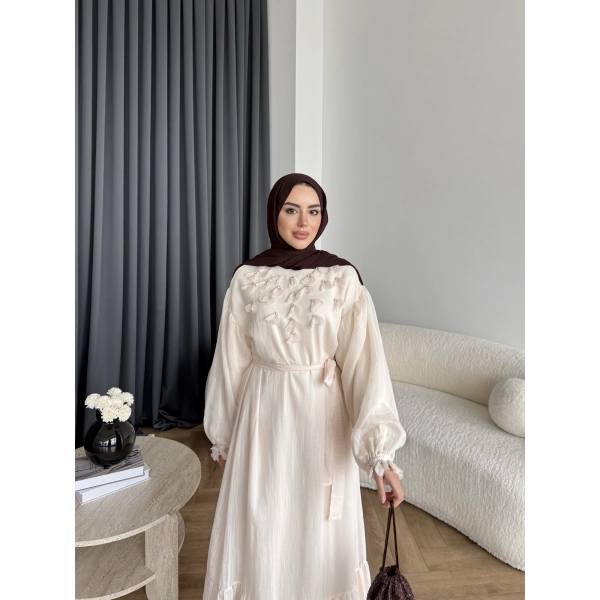 Fuş - Evelia Çiçekli Taşlı Elbise - Bej