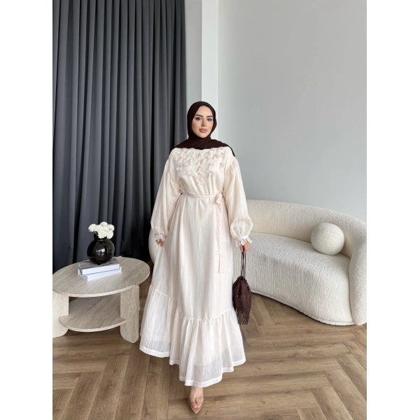 Fuş - Evelia Çiçekli Taşlı Elbise - Bej