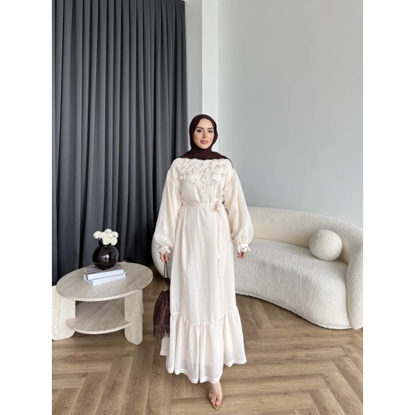 Fuş - Evelia Çiçekli Taşlı Elbise - Bej