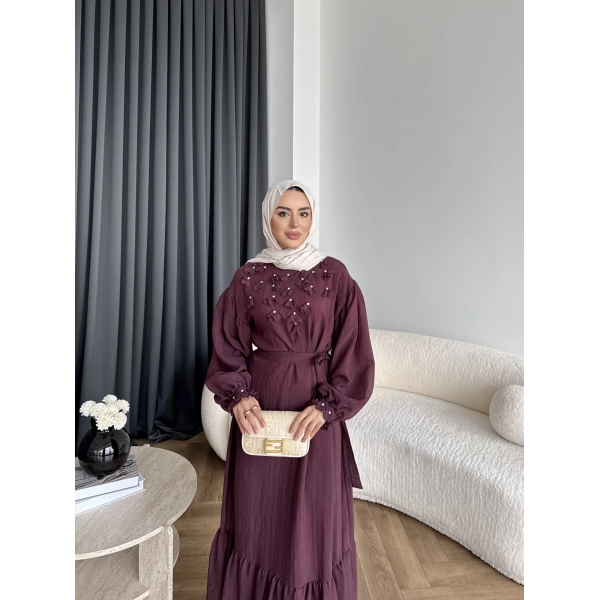 Fuş - Evelia Çiçekli Taşlı Elbise - Bordo