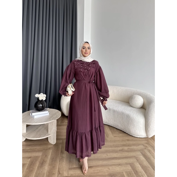 Fuş - Evelia Çiçekli Taşlı Elbise - Bordo