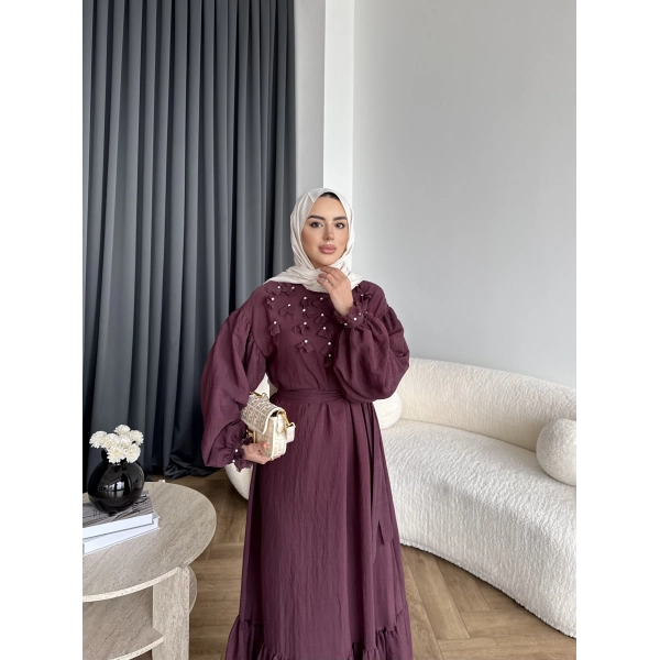 Fuş - Evelia Çiçekli Taşlı Elbise - Bordo