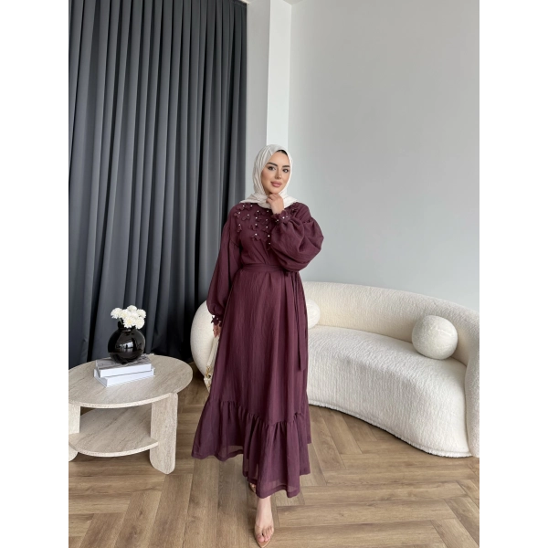 Fuş - Evelia Çiçekli Taşlı Elbise - Bordo