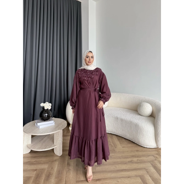 Fuş - Evelia Çiçekli Taşlı Elbise - Bordo