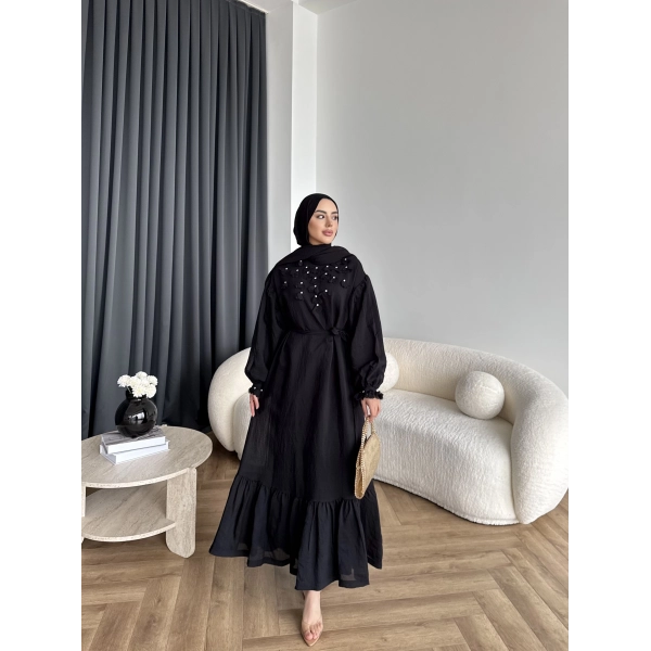 Fuş - Evelia Çiçekli Taşlı Elbise - Siyah