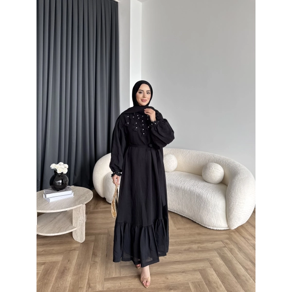 Fuş - Evelia Çiçekli Taşlı Elbise - Siyah