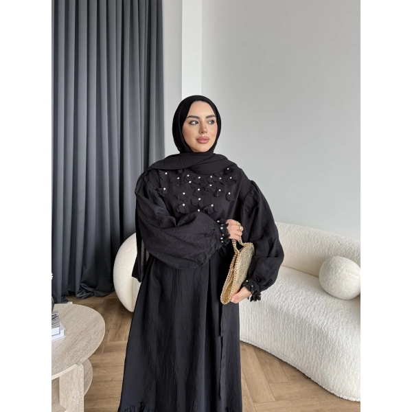 Fuş - Evelia Çiçekli Taşlı Elbise - Siyah