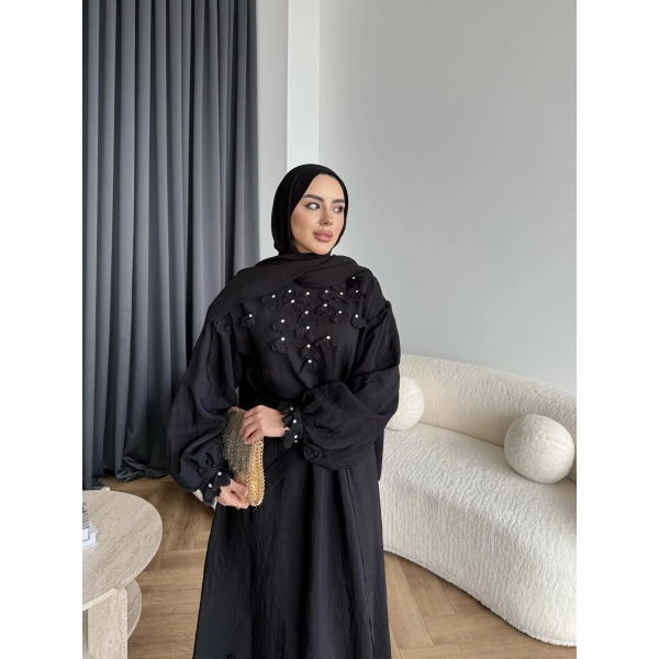 Fuş - Evelia Çiçekli Taşlı Elbise - Siyah