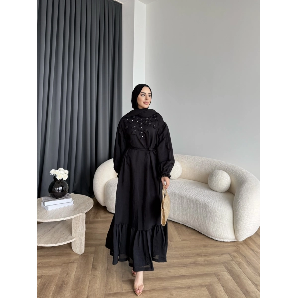 Fuş - Evelia Çiçekli Taşlı Elbise - Siyah