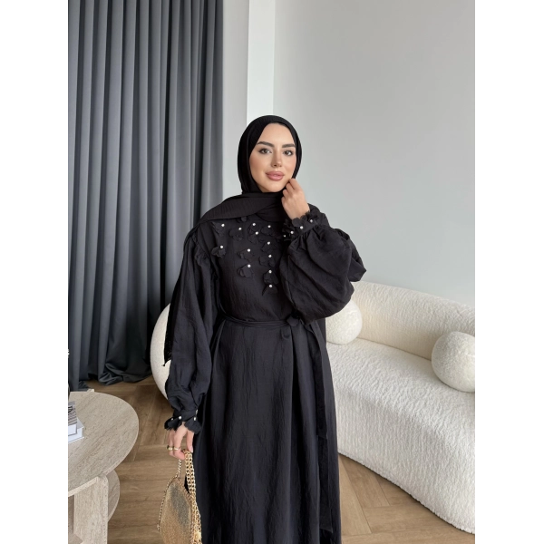 Fuş - Evelia Çiçekli Taşlı Elbise - Siyah