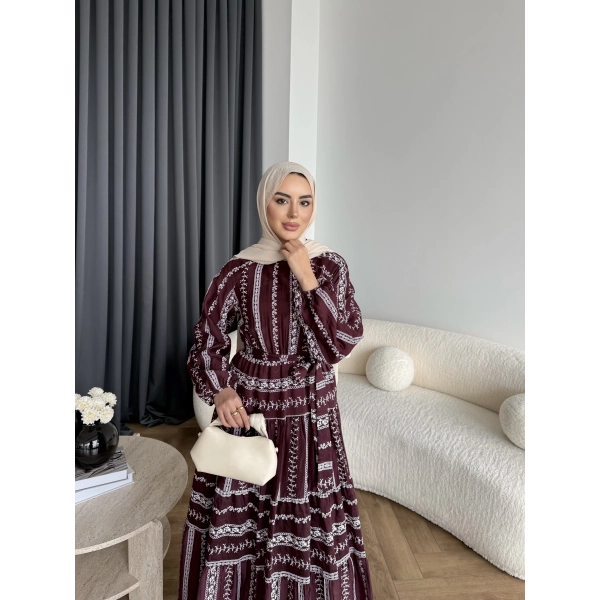 Hew - Warm Bağcıklı Deseneli Elbise - Bordo