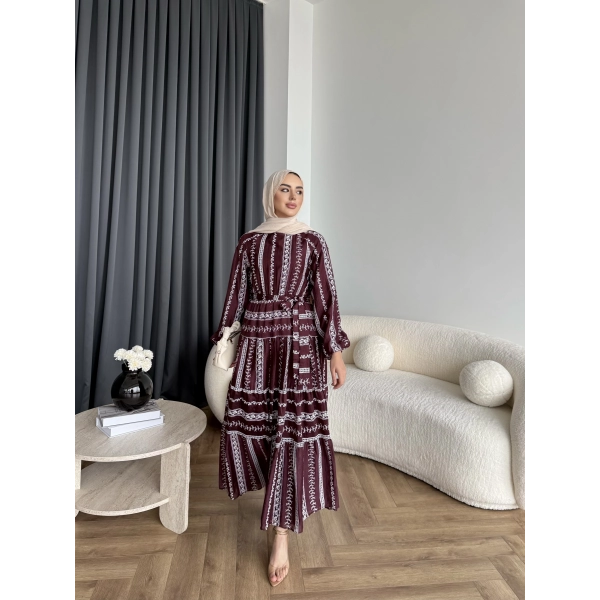 Hew - Warm Bağcıklı Deseneli Elbise - Bordo