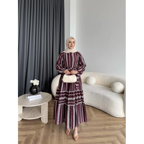 Hew - Warm Bağcıklı Deseneli Elbise - Bordo