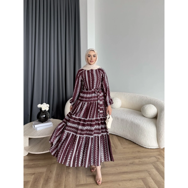 Hew - Warm Bağcıklı Deseneli Elbise - Bordo