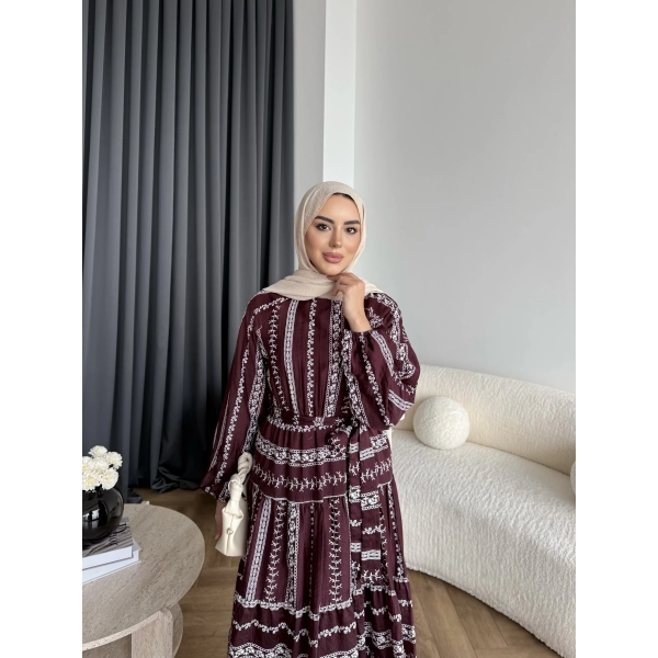 Hew - Warm Bağcıklı Deseneli Elbise - Bordo