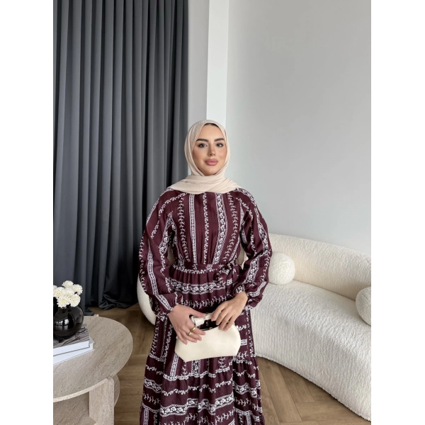 Hew - Warm Bağcıklı Deseneli Elbise - Bordo