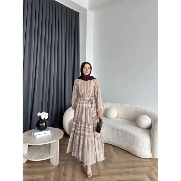 Hew - Warm Bağcıklı Deseneli Elbise - Vizon