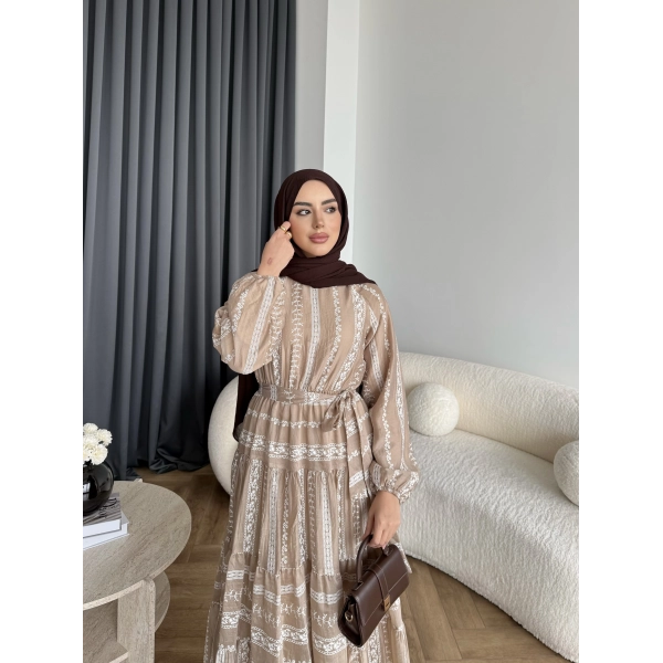 Hew - Warm Bağcıklı Deseneli Elbise - Vizon