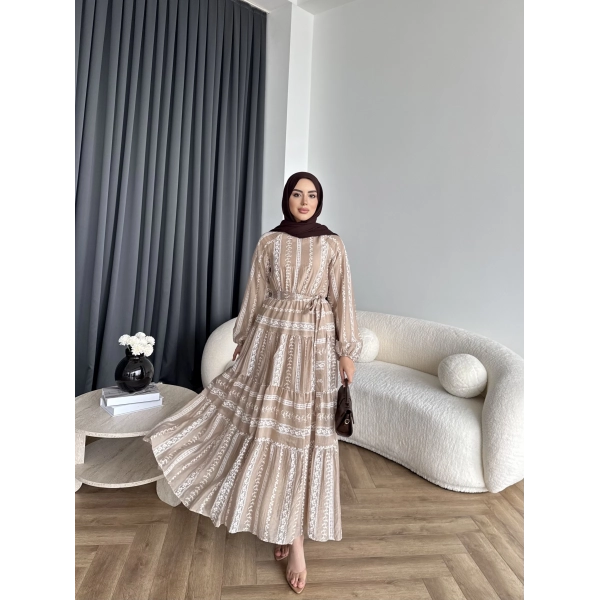 Hew - Warm Bağcıklı Deseneli Elbise - Vizon