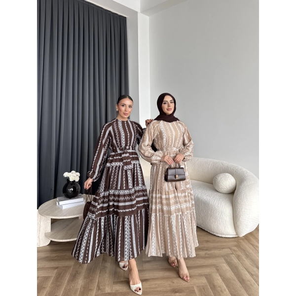 Hew - Warm Bağcıklı Deseneli Elbise - Vizon