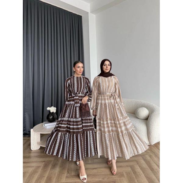 Hew - Warm Bağcıklı Deseneli Elbise - Vizon