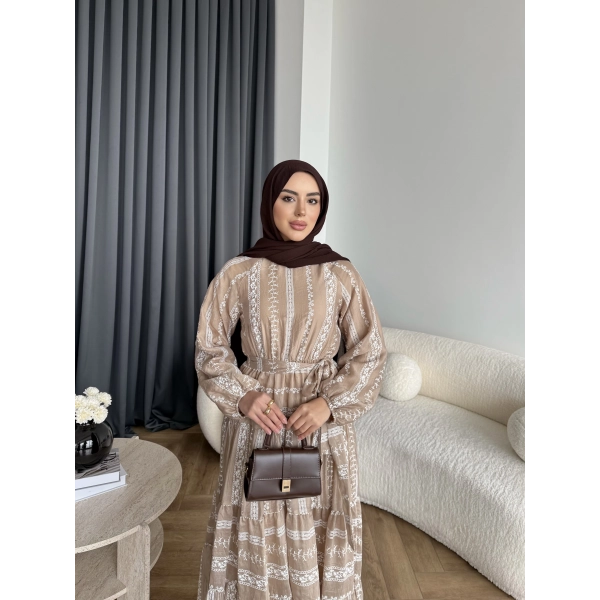 Hew - Warm Bağcıklı Deseneli Elbise - Vizon