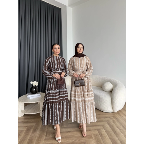 Hew - Warm Bağcıklı Deseneli Elbise - Vizon