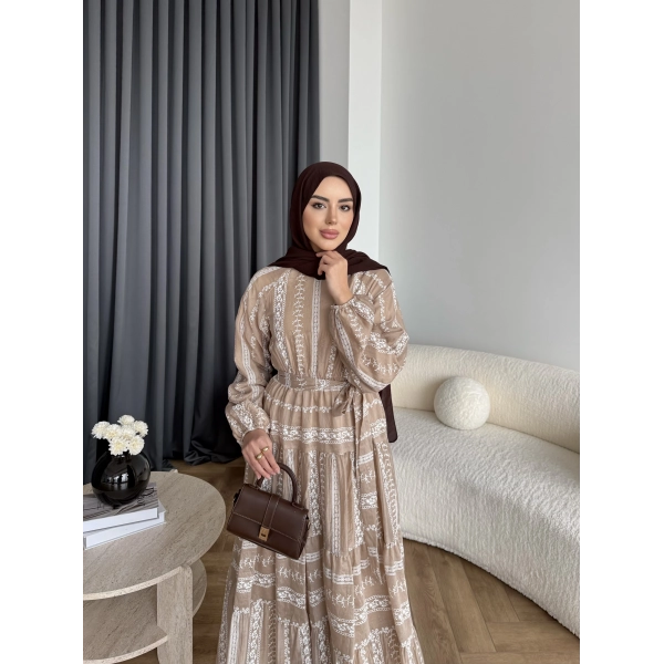 Hew - Warm Bağcıklı Deseneli Elbise - Vizon