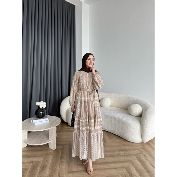 Hew - Warm Bağcıklı Deseneli Elbise - Vizon