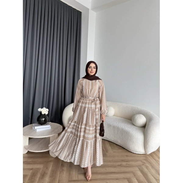 Hew - Warm Bağcıklı Deseneli Elbise - Vizon