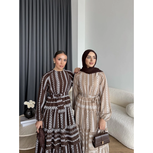 Hew - Warm Bağcıklı Deseneli Elbise - Vizon