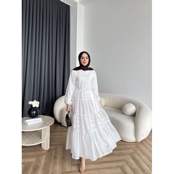 Hew - Warm Bağcıklı Deseneli Elbise - Ekru