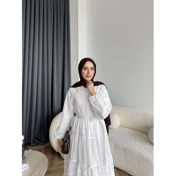 Hew - Warm Bağcıklı Deseneli Elbise - Ekru