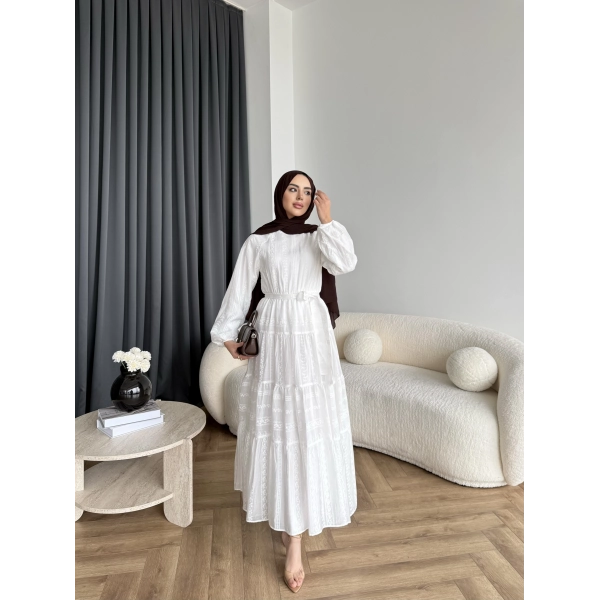 Hew - Warm Bağcıklı Deseneli Elbise - Ekru