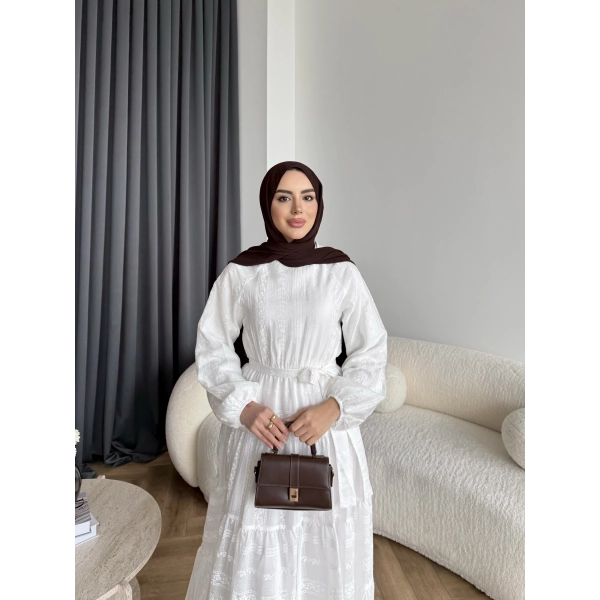 Hew - Warm Bağcıklı Deseneli Elbise - Ekru