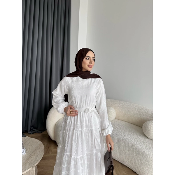 Hew - Warm Bağcıklı Deseneli Elbise - Ekru