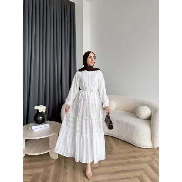 Hew - Warm Bağcıklı Deseneli Elbise - Ekru