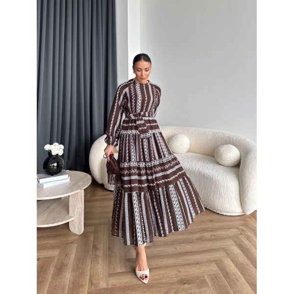 Hew - Warm Bağcıklı Deseneli Elbise - Kahve