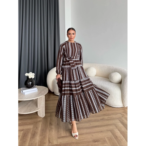 Hew - Warm Bağcıklı Deseneli Elbise - Kahve