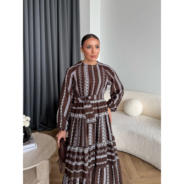 Hew - Warm Bağcıklı Deseneli Elbise - Kahve